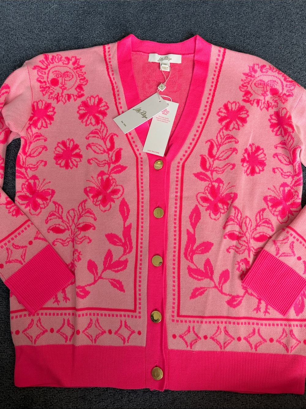 Lilly Pulitzer Hot Pink and Light Pink Floral V-Neck Cardigan